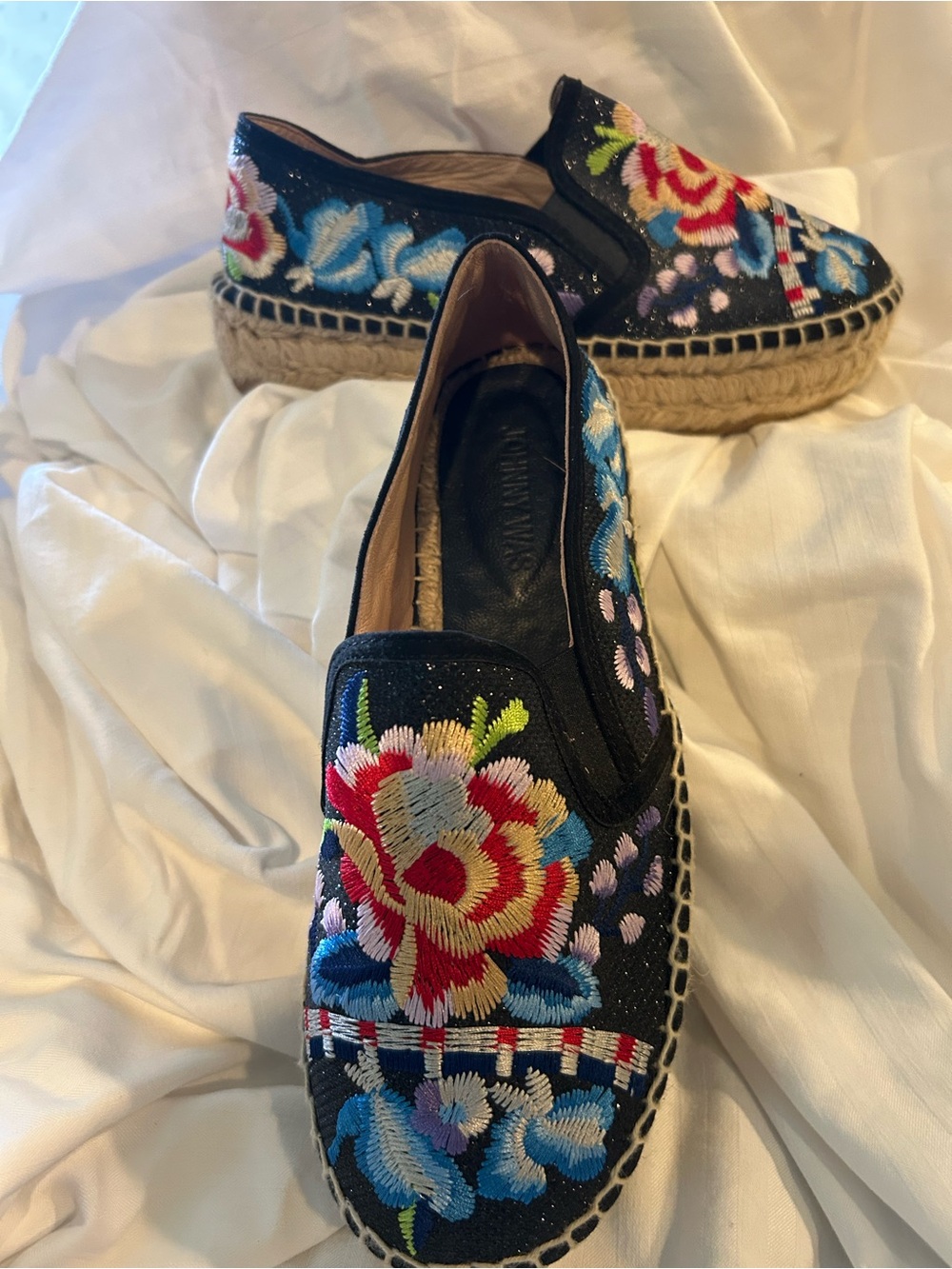 Johnny Was Black Espadrille Slip-Ons with Multicolor Floral Embroidery